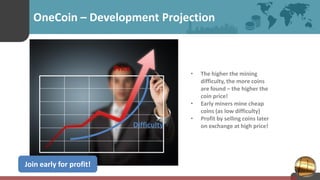 OneCoin – Development Projection
• The higher the mining
difficulty, the more coins
are found – the higher the
coin price!
• Early miners mine cheap
coins (as low difficulty)
• Profit by selling coins later
on exchange at high price!
Join early for profit!
Difficulty
Price
 