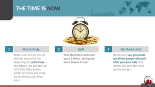 THE TIME IS NOW
1 Get in Early
Make sure you are one of
the first mover! In the
beginning the prices low –
like Bitcoin, we will start at
0.10 EUR. Who knows
what the future will bring,
better to buy now, than
later!
2 Split
Your OneTokens will split
up to 2 times - giving you
more tokens to sell.
3 Get Rewarded
Remember you get points
for all the people who join
after your join date. The
earlier you join, the more
points you get!
 