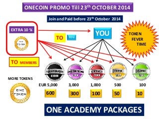 ONECOIN PROMO Till 23th OCTOBER 2014
ONE ACADEMY PACKAGES
EUR 5,000 3,000 1,000 500 100
600 300 100 50 10
EXTRA 10 %
TO
YOU
TO MEMBERS
Join and Paid before 23th October 2014
TOKEN
FEVER
TIME
YOU
MORE TOKENS
 