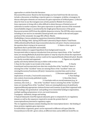 approaches or articles from the literature.
Discussion•Discussion: Based on the knowledge you have built from the lab exercises,
include a discussion on building a reporter gene or a transgene: a) define a transgene; b)
discuss what gene elements are necessary for gene expression of artificial genes; c) discuss
ideas for how to use the transgene (see articles posted in Module II in Canvas).
Gene expression in living cells is often difficult to detect because of limited access of
substrates to marker enzymes. Here gene expression in specific neurons of the nematode
Caenorhabditis elegans is monitored by the bright green fluorescence of the green
fluorescent protein (GFP) from the jellyfish Aequorea victoria. The GFP fills entire neurons,
including in one neuron an extended, fanned growth cone visible in the tail end (upper
portion) of the nematode. See page 802. [Photo: Martin
Chalfie]https://www.nobelprize.org/prizes/chemistry/2008/summary/
Group No.:Biology 366L: Spring 2023Grader:Laboratory Report Rubric Total Points
100ExcellentGoodFairNeeds ImprovementIntroduction (26 pts)1. Clearly communicates
the question that is trying to be answered. 2. States a clear a goal or
hypothesis that is predictable and testable. 3.
Provides evidence to support hypothesis from background/research. 4.
Incorporated edits to improve introduction from previous report.Some of the "excellent"
items are missing.Methods (8 pts)A description or step-by-step list of how the experiment
was performed. Description, unclear could not be repeated.Results (Data) (26 pts)1. Results
are clearly recorded and organized. 2. Figures are of publish
quality and clearly labeled and easy to follow with written results.
3. Easy for the reader to see trends in the results. 4. Clearly
transitioned and incorporated new data into results.One of the "excellent" items is
missing.Two of the "excellent" items are missing.Three of the "excellent" items are
missing.Discussion/Conclusion (28 pts)1. Summarizes essential data used to draw
conclusions. 2. Discusses application and
implications of results. ("real world connections"). 3. Puts findings
into context of previously published results. 4. Describes future
direction of project. 5. Concludes with an overall statement (e.g., In
summary, this work...). One of the "excellent" items is missing.Two of the "excellent"
items are missing.Three of the "excellent" items are missing.References (6 pts)Clearly
organized.Missing appropriate citations.Format and Grammar (6 pts) Neat organized with
clear headings, few grammatical and spelling errors.Somewhat lacking in organization,
multiple spelling and grammar errors, not neat.Comments:
Transgenes –definition, design and testing
A Typical Eukaryotic GeneThe typical eukaryotic gene is composed of a cis-regulatory
domain as well as the sequences required to encode the protein Start of
transcriptionExons/intronsCis-regulatory region
The cis-regulatory domain contains binding sites for transcription factors –the binding of
these proteins regulates gene expression
In multicellular organisms, genes can be expressed in different cell types (like the
Cionaembryos to the left –green color), at different times and at different levelsThe cis-
 