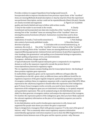 Provides evidence to support hypothesis from background/research. 4.
Incorporated edits to improve introduction from previous report.Some of the "excellent"
items are missing.Methods (8 pts)A description or step-by-step list of how the experiment
was performed. Description, unclear could not be repeated.Results (Data) (26 pts)1. Results
are clearly recorded and organized. 2. Figures are of publish
quality and clearly labeled and easy to follow with written results.
3. Easy for the reader to see trends in the results. 4. Clearly
transitioned and incorporated new data into results.One of the "excellent" items is
missing.Two of the "excellent" items are missing.Three of the "excellent" items are
missing.Discussion/Conclusion (28 pts)1. Summarizes essential data used to draw
conclusions. 2. Discusses application and
implications of results. ("real world connections"). 3. Puts findings
into context of previously published results. 4. Describes future
direction of project. 5. Concludes with an overall statement (e.g., In
summary, this work...). One of the "excellent" items is missing.Two of the "excellent"
items are missing.Three of the "excellent" items are missing.References (6 pts)Clearly
organized.Missing appropriate citations.Format and Grammar (6 pts) Neat organized with
clear headings, few grammatical and spelling errors.Somewhat lacking in organization,
multiple spelling and grammar errors, not neat.Comments:
Transgenes –definition, design and testing
A Typical Eukaryotic GeneThe typical eukaryotic gene is composed of a cis-regulatory
domain as well as the sequences required to encode the protein Start of
transcriptionExons/intronsCis-regulatory region
The cis-regulatory domain contains binding sites for transcription factors –the binding of
these proteins regulates gene expression
In multicellular organisms, genes can be expressed in different cell types (like the
Cionaembryos to the left –green color), at different times and at different levelsThe cis-
regulatory sequences of the gene regulate temporal, spatial and quantitative expression
A transgene combines these cis-regulatory sequences with a reporter gene (like GFP). When
expressed in the cell/tissue/organism it should reflect the expression of the endogenous
gene.To know if your transgene works correctly, you need to have characterize the
expression of the endogenous gene you are interested in studying: i.e. its spatial, temporal
and quantitative expression. This can be analyzed using in situ hybridization (see next
slide).You then generate a transgenic embryo and analyze the expression of the transgene.
If it matches the expression pattern of the endogenous gene, then you have likely captured
the relevant regulatory information on the piece of cis-regulatory sequence you used in
your transgene.
In situ hybridization can be used to localize gene expression in cells, tissues and
organismsThe purple stain shows you where the gene is expressed
Steps to design/test a transgene:•Start with genome sequence 5’ to the start of the gene of
interest –why? This is commonly where most regulatory sequence information
exists•Identify appropriate restriction enzymes to use to clone the DNA fragment•Create a
translation fusion between exon of the gene and the reporter protein –why? Because
 