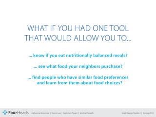 CONCEPT PROPOSAL




               WHAT IF YOU HAD ONE TOOL
              THAT WOULD ALLOW YOU TO...
                   ... know if you eat nutritionally balanced meals?

                      ... see what food your neighbors purchase?

                   ... find people who have similar food preferences
                          and learn from them about food choices?




                    Katherine Betermier | Yoomi Lee | Gretchen Pinard | Smitha Prasadh   Grad Design Studio 2 | Spring 2010
 