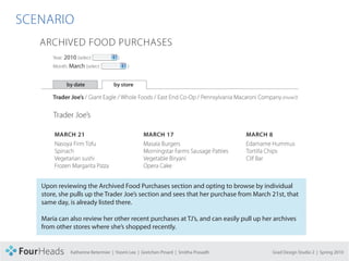 CONCEPT PROPOSAL

  SCENARIO




          Upon reviewing the Archived Food Purchases section and opting to browse by individual
          store, she pulls up the Trader Joe’s section and sees that her purchase from March 21st, that
          same day, is already listed there.

          Maria can also review her other recent purchases at TJ’s, and can easily pull up her archives
          from other stores where she’s shopped recently.


                    Katherine Betermier | Yoomi Lee | Gretchen Pinard | Smitha Prasadh        Grad Design Studio 2 | Spring 2010
 