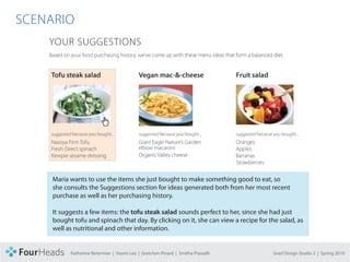 CONCEPT PROPOSAL

  SCENARIO




             Maria wants to use the items she just bought to make something good to eat, so
             she consults the Suggestions section for ideas generated both from her most recent
             purchase as well as her purchasing history.

             It suggests a few items: the tofu steak salad sounds perfect to her, since she had just
             bought tofu and spinach that day. By clicking on it, she can view a recipe for the salad, as
             well as nutritional and other information.


                   Katherine Betermier | Yoomi Lee | Gretchen Pinard | Smitha Prasadh         Grad Design Studio 2 | Spring 2010
 
