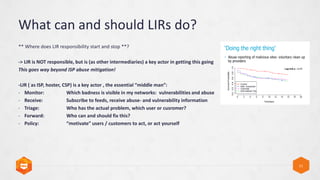 What can and should LIRs do?
11
** Where does LIR responsibility start and stop **?
-> LIR is NOT responsible, but is (as other intermediaries) a key actor in getting this going
This goes way beyond ISP abuse mitigation!
-LIR ( as ISP, hoster, CSP) is a key actor , the essential middle man:
- Monitor: Which badness is visible in my networks: vulnerabilities and abuse
- Receive: Subscribe to feeds, receive abuse- and vulnerability information
- Triage: Who has the actual problem, which user or cusromer?
- Forward: Who can and should fix this?
- Policy: motivate users / customers to act, or act yourself
 