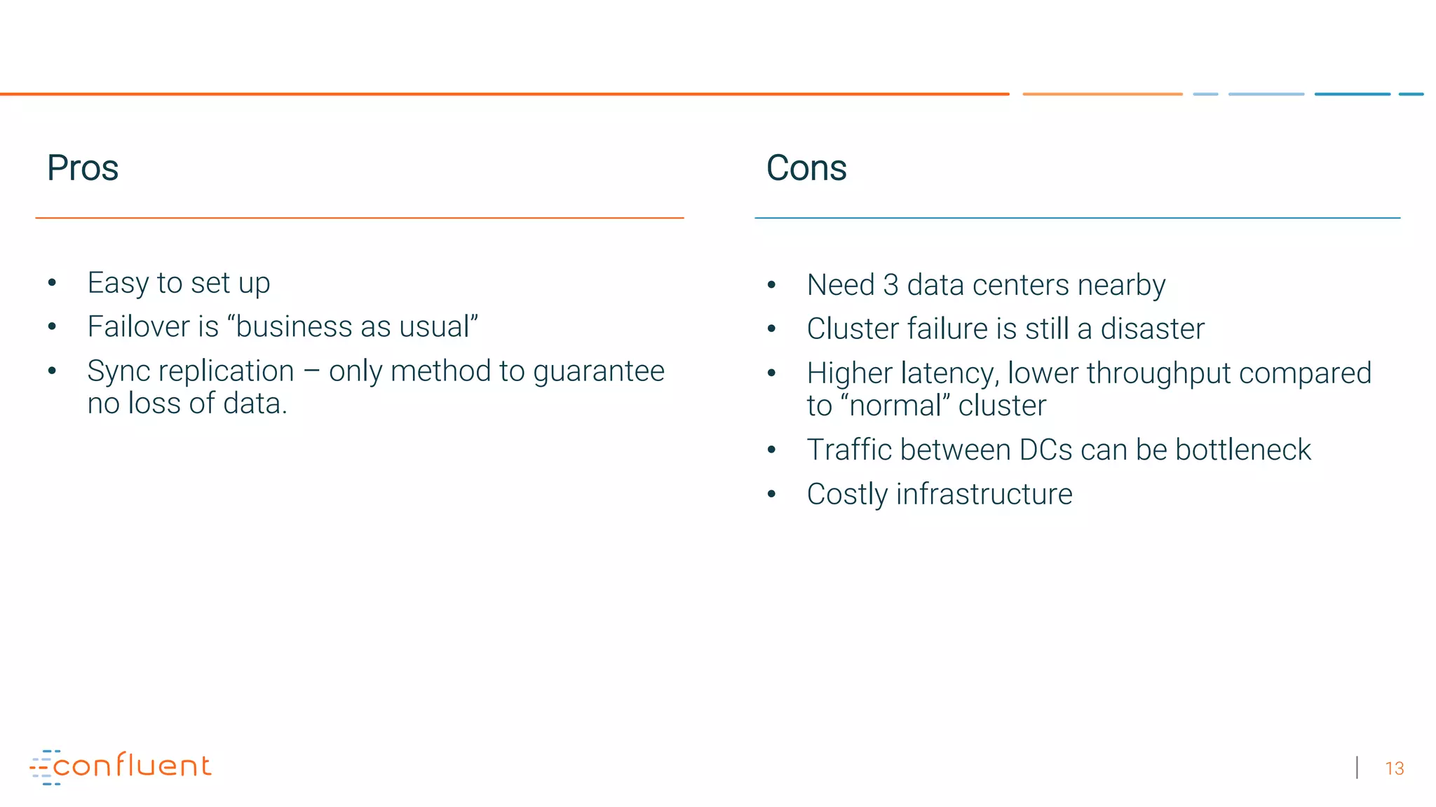 13 Pros • Easy to set up • Failover is “business as usual” • Sync replication – only method to guarantee no loss of data. Cons • Need 3 data centers nearby • Cluster failure is still a disaster • Higher latency, lower throughput compared to “normal” cluster • Traffic between DCs can be bottleneck • Costly infrastructure 