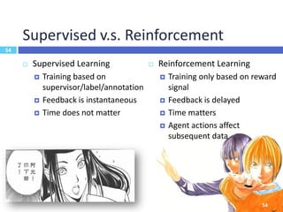 55
Reward
 Reinforcement learning is based on reward hypothesis
 A reward rt is a scalar feedback signal
 Indicates how...