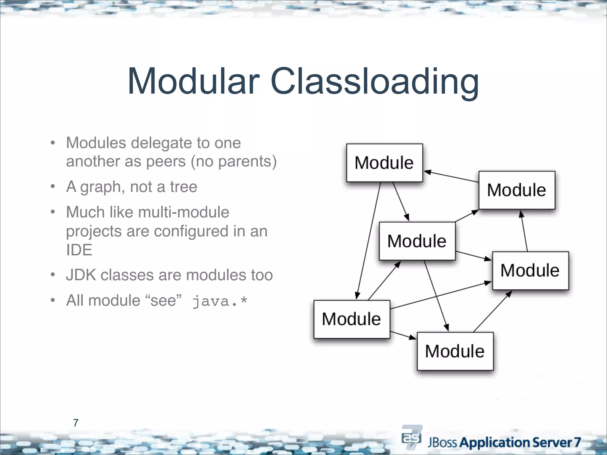 Modular Classloading
• Modules delegate to one
  another as peers (no parents)
• A graph, not a tree
• Much like multi-module
  projects are conﬁgured in an
  IDE
• JDK classes are modules too
• All module “see” java.*




   7
 