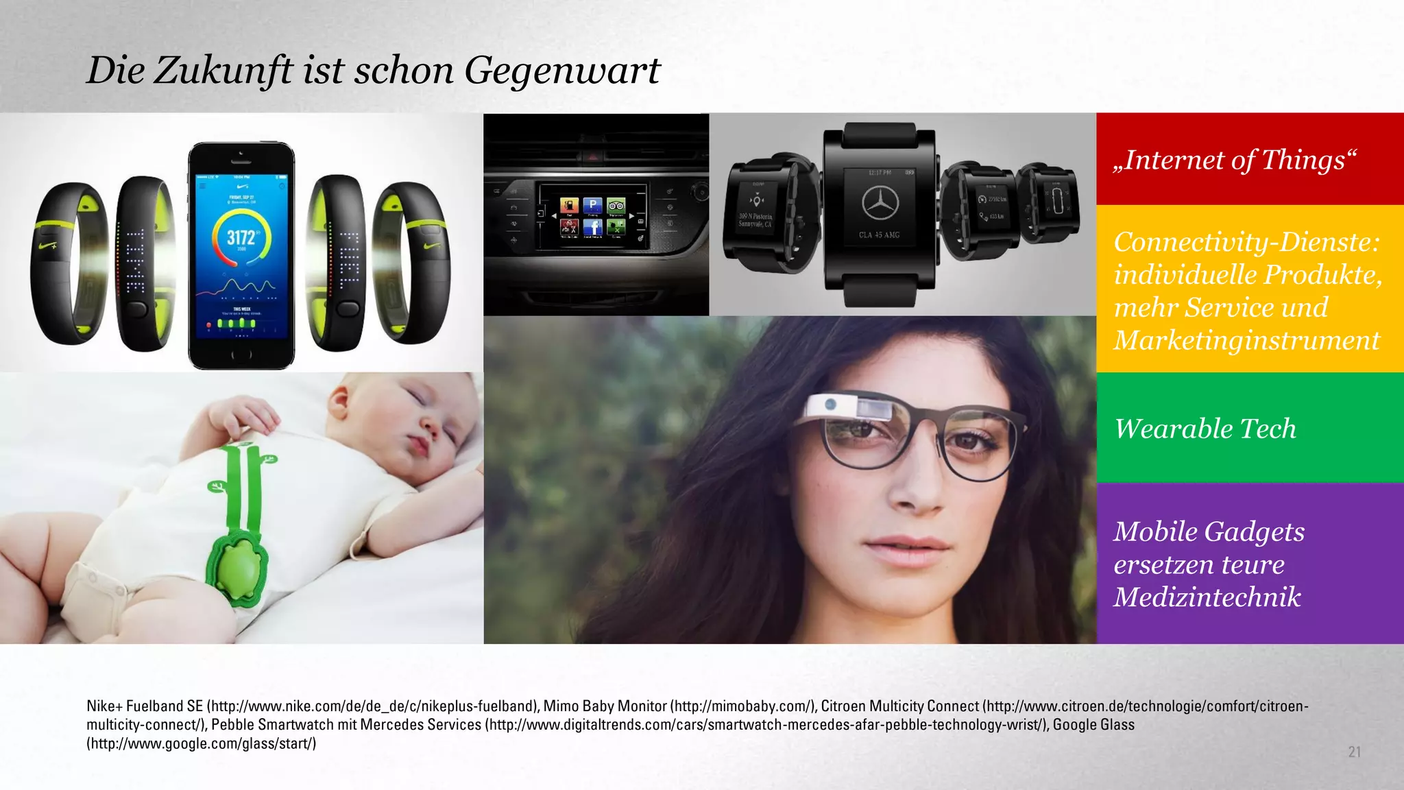 Die Zukunft ist schon Gegenwart
„Internet of Things“
Connectivity-Dienste:
individuelle Produkte,
mehr Service und
Marketinginstrument
Wearable Tech

Mobile Gadgets
ersetzen teure
Medizintechnik

Nike+ Fuelband SE (http://www.nike.com/de/de_de/c/nikeplus-fuelband), Mimo Baby Monitor (http://mimobaby.com/), Citroen Multicity Connect (http://www.citroen.de/technologie/comfort/citroenmulticity-connect/), Pebble Smartwatch mit Mercedes Services (http://www.digitaltrends.com/cars/smartwatch-mercedes-afar-pebble-technology-wrist/), Google Glass
(http://www.google.com/glass/start/)

21

 