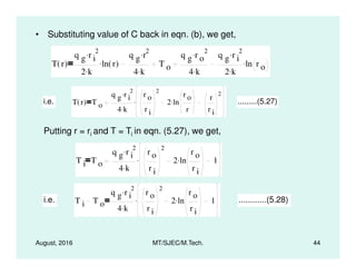 • Substituting value of C back in eqn. (b), we get,
T r( )
q g r i
2.
2 k.
ln r( ).
q g r
2.
4 k.
T o
q g r o
2.
4 k.
q g r i
2.
2 k.
ln r o
.
i.e. T r( ) T o
q g r i
2.
4 k.
r o
r i
2
2 ln
r o
r
. r
r i
2
. .........(5.27)
Putting r = ri and T = Ti in eqn. (5.27), we get,
August, 2016 MT/SJEC/M.Tech. 44
T i T o
q g r i
2.
4 k.
r o
r i
2
2 ln
r o
r i
. 1.
i.e. T i T o
q g r i
2.
4 k.
r o
r i
2
2 ln
r o
r i
. 1. ............(5.28)
 
