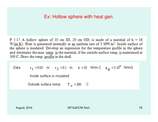 Ex: Hollow sphere with heat gen.
August, 2016 MT/SJEC/M.Tech. 78
 