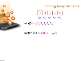 Printing Array Elements
int x[5] = { 1, 2, 3, 4, 5};
x[0] x[1] x[2] x[3] x[4]
1 2 3 4 5
printf (“ % d “ , x[2] ) ; ///3
 