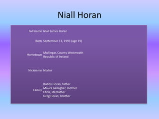 Niall Horan
 Full name Niall James Horan

     Born September 13, 1993 (age 19)


           Mullingar, County Westmeath
Hometown
           Republic of Ireland



Nickname Nialler



           Bobby Horan, father
           Maura Gallagher, mother
    Family
           Chris, stepfather
           Greg Horan, brother
 