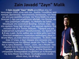 Zain Javadd "Zayn" Malik
      Ο Zain Javadd "Zayn" Malik,γεννικθκε ςτισ 12
Ιανουαρίου 1993, είναι από τθν , Αγγλία. Γεννικθκε από
πατζρα, βρετανικισ- πακιςτανικισ καταγωγισ, τον Yaser
  και από μια αγγλίδα μθτζρα, τθν Tricia Malik (το γζνοσ
 Brannan ), ζχει μια μεγαλφτερθ αδελφι, τθν Doniya, και
      δφο μικρότερεσ αδερφζσ, τισ Waliyha και Safaa.
   Μεγάλωςε ςτο ανατολικό Bowling , School, πιγε και
ςτο ςχολείο Tong High School , ζνα κρατικό ςχολείο. ΢τισ
   οντιςιόν για το X- Factor, διλωςε:. "Ζψαχνα για μια
 διαφορετικι εμπειρία» Μεγαλϊνοντασ, του άρεςε θ R
  & B και θ ραπ. Αυτόσ κακϊσ και τα άλλα μζλθ των One
   Direction αναφζρουν περαιτζρω καλλιτζχνεσ όπωσ ο
 Bruno Mars, ωσ ζναν ιδανικό ςυνεργάτθ . Σο 2010, όταν
      ιταν 17 ετϊν, ο Zayn πζραςε ςτισ οντιςιόν ςτο
  Μάντςεςτερ για τθν ζβδομθ ςειρά του The X- Factor .
 Και οι τρεισ δικαστές - Simon , Louis , και θ Nicole - του
    ζδωςαν ζνα τo «ναι» που κα πραγματοποιοφςε τα
      όνειρα του. Μετά το X- Factor ,οι One Direction
 υπζγραψαν διςκογραφικό ςυμβόλαιο με τθ κυγατρικι
    τθσ Sony Music Syco Music. Κυκλοφόρθςαν studio
                 album τουσ, Up All Night .
 