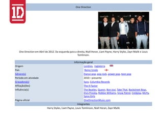 One Direction
One Direction em Abril de 2012. Da esquerda para a direita, Niall Horan, Liam Payne, Harry Styles, Zayn Malik e Louis
Tomlinson.
Informação geral
Origem Londres, Inglaterra
País Reino Unido
Gênero(s) Dance-pop, pop rock, power pop, teen pop
Período em atividade 2010—presente
Gravadora(s) Syco, Columbia Records
Afiliação(ões) The X-Factor
Influência(s) The Beatles, Queen, Bon Jovi, Take That, Backstreet Boys,
Elvis Presley, Robbie Williams, Snow Patrol, Coldplay, McFly,
Spice Girls
Página oficial OneDirectionMusic.com
Integrantes
Harry Styles, Liam Payne, Louis Tomlinson, Niall Horan, Zayn Malik
 