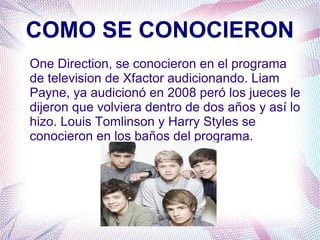 COMO SE CONOCIERON
One Direction, se conocieron en el programa
de television de Xfactor audicionando. Liam
Payne, ya audicionó en 2008 peró los jueces le
dijeron que volviera dentro de dos años y así lo
hizo. Louis Tomlinson y Harry Styles se
conocieron en los baños del programa.
 
