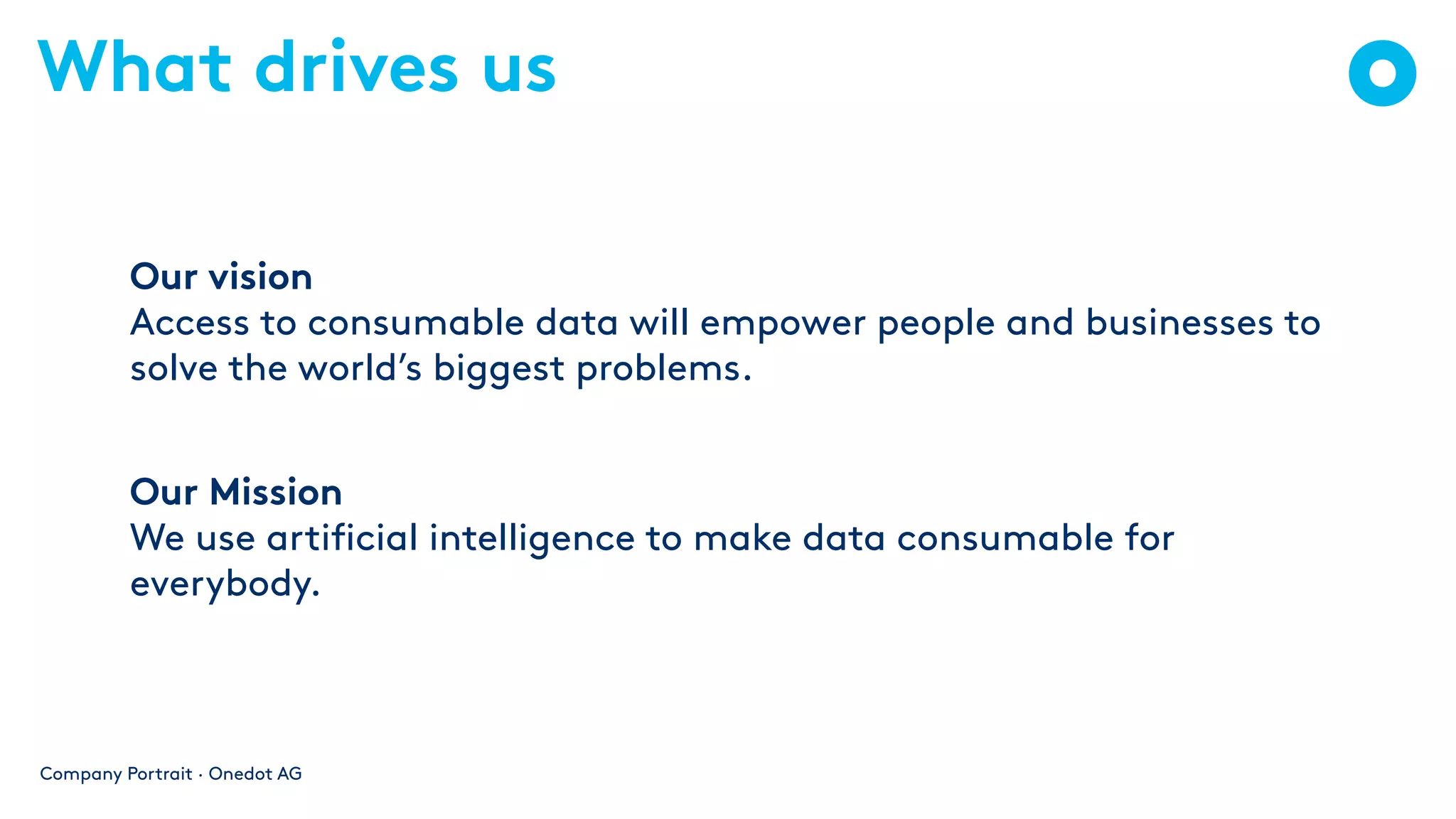 What drives us
Company Portrait · Onedot AG
Our vision
Access to consumable data will empower people and businesses to
solve the world’s biggest problems.
Our Mission
We use artificial intelligence to make data consumable for
everybody.
 