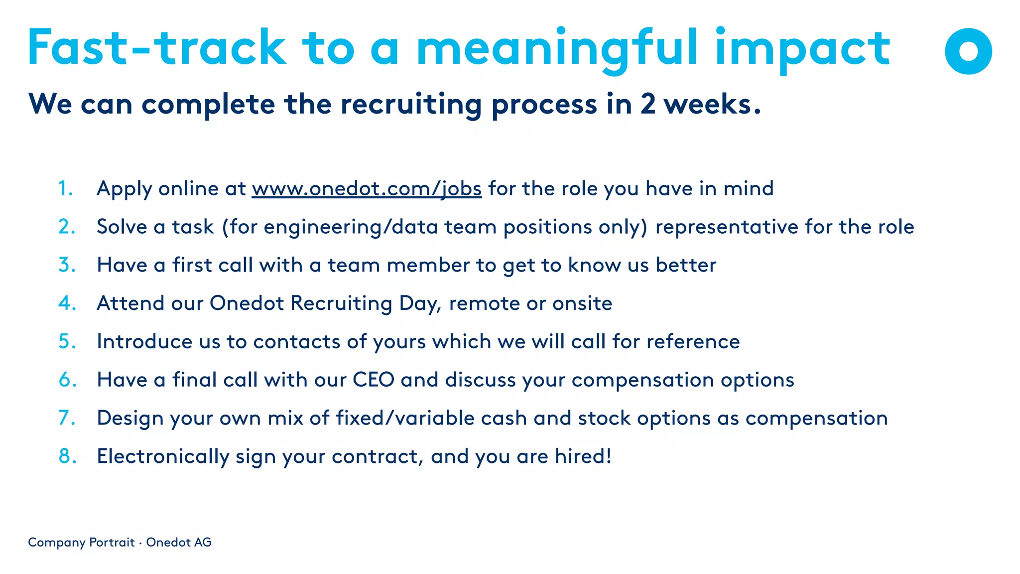 Fast-track to a meaningful impact
1. Apply online at www.onedot.com/jobs for the role you have in mind
2. Solve a task (for engineering/data team positions only) representative for the role
3. Have a first call with a team member to get to know us better
4. Attend our Onedot Recruiting Day, remote or onsite
5. Introduce us to contacts of yours which we will call for reference
6. Have a final call with our CEO and discuss your compensation options
7. Design your own mix of fixed/variable cash and stock options as compensation
8. Electronically sign your contract, and you are hired!
Company Portrait · Onedot AG
We can complete the recruiting process in 2 weeks.
 