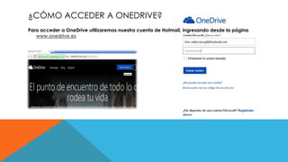 ¿CÓMO ACCEDER A ONEDRIVE?
Para acceder a OneDrive utilizaremos nuestra cuenta de Hotmail, ingresando desde la página
www.onedrive.es
 