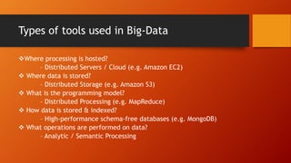 Types of tools used in Big-Data
Where processing is hosted?
– Distributed Servers / Cloud (e.g. Amazon EC2)
 Where data ...