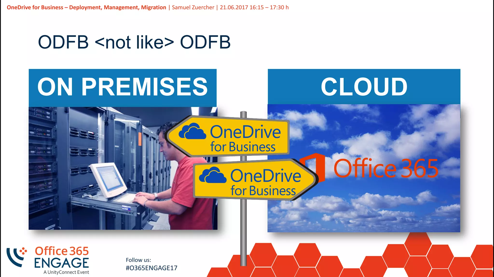 9
Slide
9
OneDrive for Business – Deployment, Management, Migration | Samuel Zuercher | 21.06.2017 16:15 – 17:30 h
Follow us:
#O365ENGAGE17
ODFB <not like> ODFB
ON PREMISES CLOUD
 