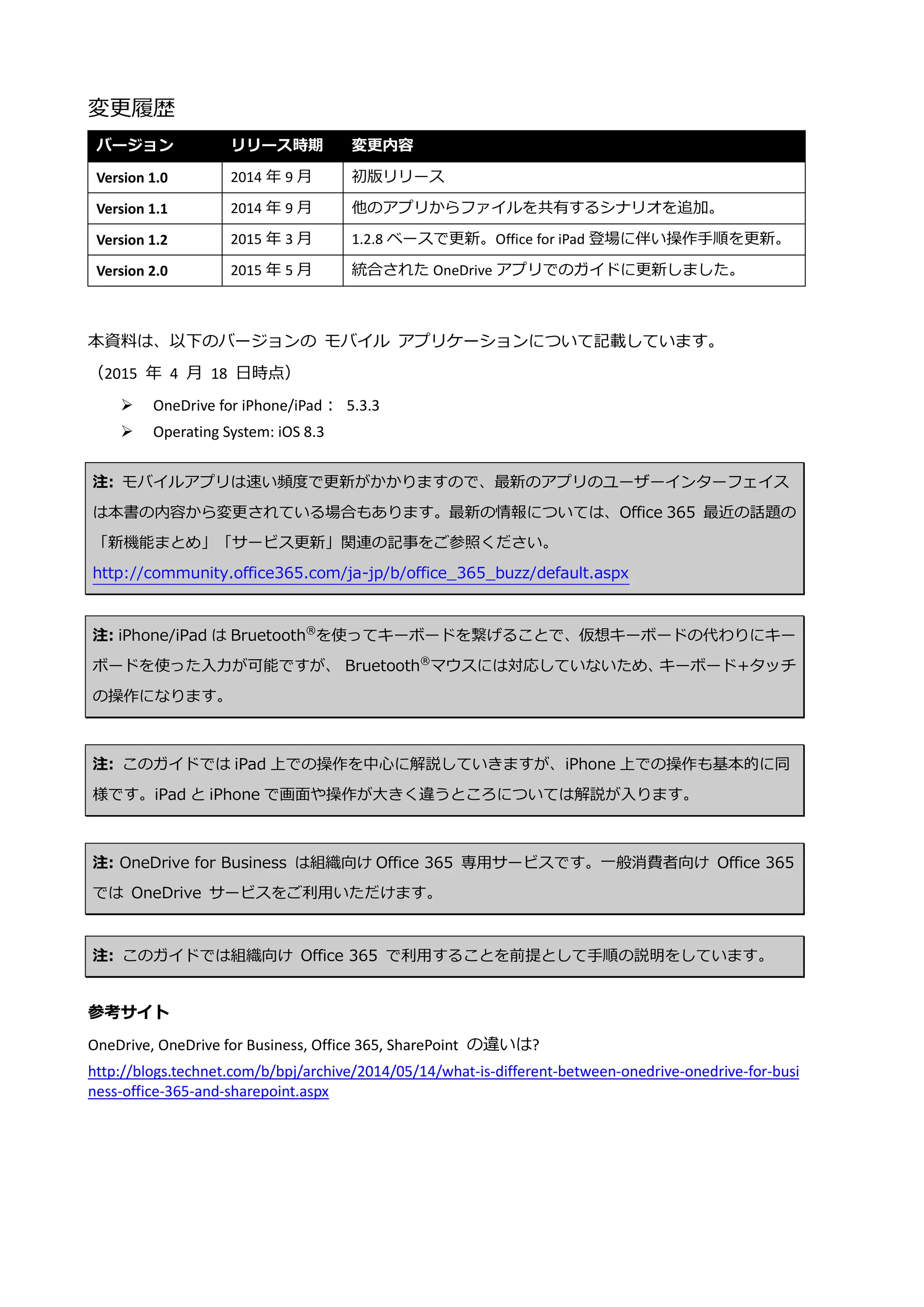 変更履歴
バージョン リリース時期 変更内容
Version 1.0 2014 年 9 月 初版リリース
Version 1.1 2014 年 9 月 他のアプリからファイルを共有するシナリオを追加。
Version 1.2 2015 年 3 月 1.2.8 ベースで更新。Office for iPad 登場に伴い操作手順を更新。
Version 2.0 2015 年 5 月 統合された OneDrive アプリでのガイドに更新しました。
本資料は、以下のバージョンの モバイル アプリケーションについて記載しています。
（2015 年 4 月 18 日時点）
 OneDrive for iPhone/iPad： 5.3.3
 Operating System: iOS 8.3
注: モバイルアプリは速い頻度で更新がかかりますので、最新のアプリのユーザーインターフェイス
は本書の内容から変更されている場合もあります。最新の情報については、Office 365 最近の話題の
「新機能まとめ」「サービス更新」関連の記事をご参照ください。
http://community.office365.com/ja-jp/b/office_365_buzz/default.aspx
注: iPhone/iPad は Bruetooth®
を使ってキーボードを繋げることで、仮想キーボードの代わりにキー
ボードを使った入力が可能ですが、 Bruetooth®
マウスには対応していないため、キーボード+タッチ
の操作になります。
注: このガイドでは iPad 上での操作を中心に解説していきますが、iPhone 上での操作も基本的に同
様です。iPad と iPhone で画面や操作が大きく違うところについては解説が入ります。
注: OneDrive for Business は組織向け Office 365 専用サービスです。一般消費者向け Office 365
では OneDrive サービスをご利用いただけます。
注: このガイドでは組織向け Office 365 で利用することを前提として手順の説明をしています。
参考サイト
OneDrive, OneDrive for Business, Office 365, SharePoint の違いは?
http://blogs.technet.com/b/bpj/archive/2014/05/14/what-is-different-between-onedrive-onedrive-for-busi
ness-office-365-and-sharepoint.aspx
 