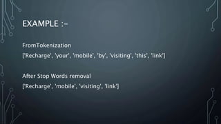 EXAMPLE :-
FromTokenization
['Recharge', 'your', 'mobile', 'by', 'visiting', 'this', 'link']
After Stop Words removal
['Recharge', 'mobile', 'visiting', 'link']
 