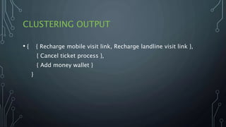 CLUSTERING OUTPUT
• { { Recharge mobile visit link, Recharge landline visit link },
{ Cancel ticket process },
{ Add money wallet }
}
 