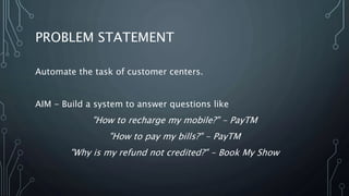 PROBLEM STATEMENT
Automate the task of customer centers.
AIM - Build a system to answer questions like
"How to recharge my mobile?" - PayTM
"How to pay my bills?" - PayTM
"Why is my refund not credited?" - Book My Show
 