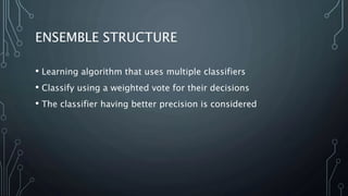 ENSEMBLE STRUCTURE
• Learning algorithm that uses multiple classifiers
• Classify using a weighted vote for their decisions
• The classifier having better precision is considered
 