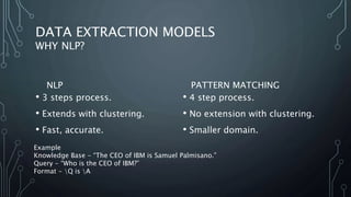 DATA EXTRACTION MODELS
WHY NLP?
• 3 steps process.
• Extends with clustering.
• Fast, accurate.
NLP
• 4 step process.
• No extension with clustering.
• Smaller domain.
PATTERN MATCHING
Example
Knowledge Base - “The CEO of IBM is Samuel Palmisano.”
Query - “Who is the CEO of IBM?”
Format - Q is A
 