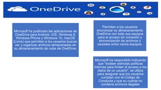 Microsoft ha publicado las aplicaciones de
OneDrive para Android, iOS, Windows 8,
Windows Phone y Windows 10, macOS
(Lions) que permiten a los usuarios buscar,
ver y organizar archivos almacenados en
su almacenamiento de nube de OneDrive.
Permiten a los usuarios
sincronizar su almacenamiento
OneDrive con todo sus equipos
para el acceso sin conexión y
sincronización de archivos y
carpetas entre varios equipos.
Microsoft ha respondido indicando
que "existen estrictas políticas
internas para limitar el acceso a los
datos de un usuario", se utiliza
para asegurar que los usuarios
cumplan con el Código de
Conducta y que su cuenta no
contiene archivos ilegales
 