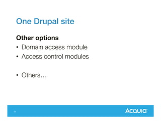 One Drupal site!
Other options
•  Domain access module
•  Access control modules
•  Others…

11

 