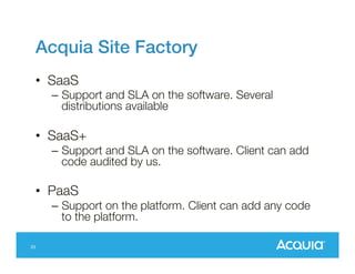 Acquia Site Factory!
•  SaaS

–  Support and SLA on the software. Several
distributions available

•  SaaS+
–  Support and SLA on the software. Client can add
code audited by us. 

•  PaaS 
–  Support on the platform. Client can add any code
to the platform.
25

 