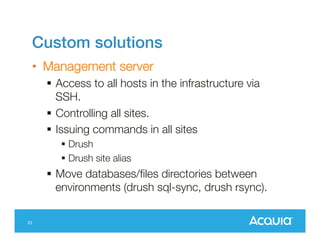 Custom solutions
• Everything should be created automatically:

24

– Sites components - Databases, disk directories and
virtual hosts:
– Server configuration - Config management (CM)
tools to provision and configure services
(puppet/chef..)
– Site installation - Drush site-install can install new
(multi)sites.
– Code Deployment - Capistrano / Drush deploy /
Custom scripts
– Management server – Controlling all the sites
(Custom)

 