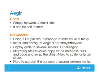 Acquia Cloud Site Factory
• Several distributions are available
(gardens, commons, commerce). New ones
can be created.
• Control Panel (Site Factory) controls all sites
in the network.
• Code is controlled from a GIT repository.
• Two environments are created
(production/sandboxes).
• Sites are created directly in production. Sites
can be cloned in sandbox for testing.
33

 