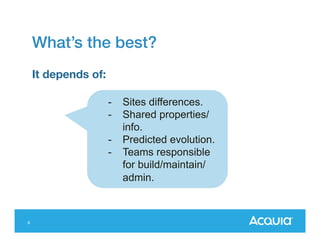 What’s the best?
It depends of:
-

-

8

Sites differences.
Shared
properties/info.
Predicted evolution.
Teams responsible
for
build/maintain/admin
.

 