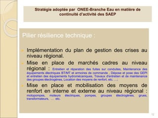 Pilier résilience technique :
 Implémentation du plan de gestion des crises au
niveau régional.
 Mise en place de marchés cadres au niveau
régional : Entretien et réparation des fuites sur conduites, Maintenance des
équipements électriques BT/MT et armoires de commande , Dépose et pose des GEPI
et entretien des équipements hydromécaniques, Travaux d'entretien et de maintenance
des groupes électrogènes, Location des moyens de renfort, etc. …;
 Mise en place et mobilisation des moyens de
renfort en interne et externe au niveau régional :
motopompes, moteurs électriques, pompes, groupes électrogènes, grues,
transformateurs, … etc.
12
Stratégie adoptée par ONEE-Branche Eau en matière de
continuité d’activité des SAEP
 