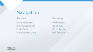 Navigation
Standard             Searching
Navigation Tree      Find Usages
Information Panel    Go to Type
Code Panel           Go to Symbol
Navigation Buttons   Full Text Search
 