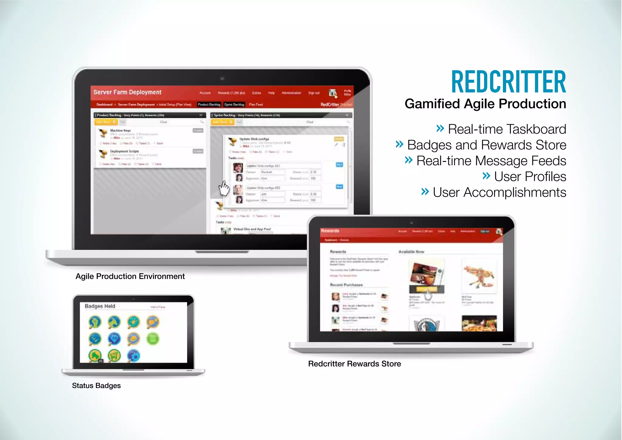 REDCRITTER
                                                           » Real-time Taskboard
                                                     » Badges and Rewards Store
                                                      » Real-time Message Feeds
                                                                   »
                                                         » User Accomplishments



Agile Production Environment




                               Redcritter Rewards Store

Status Badges
 