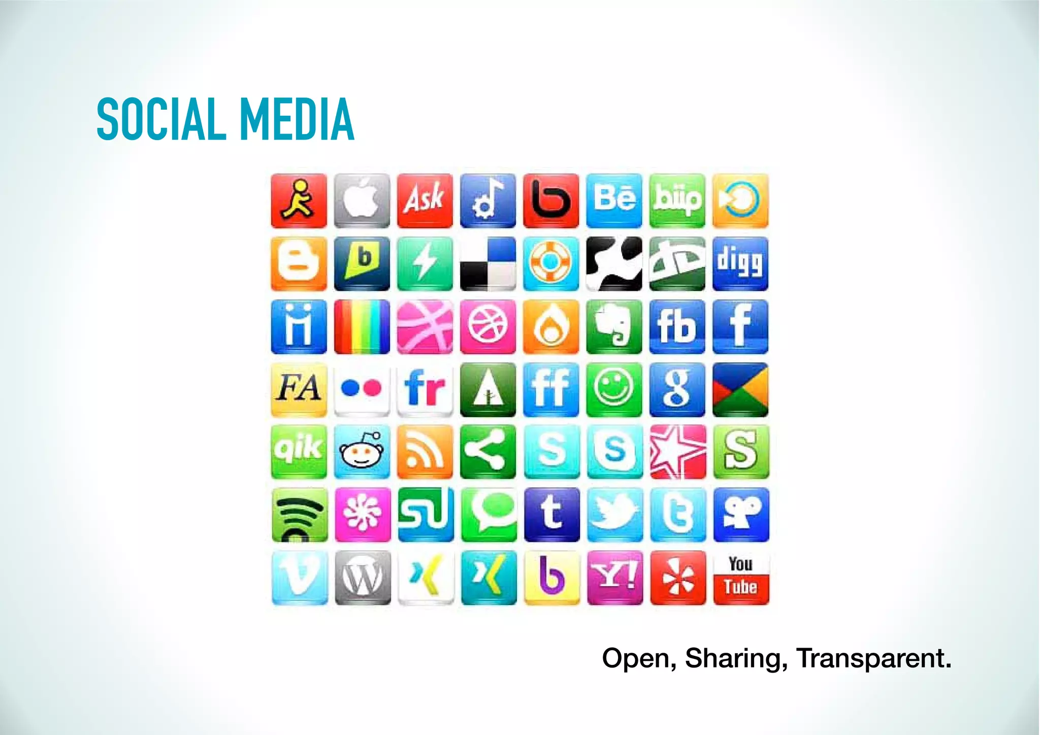 SOCIAL MEDIA




               Open, Sharing, Transparent.
 