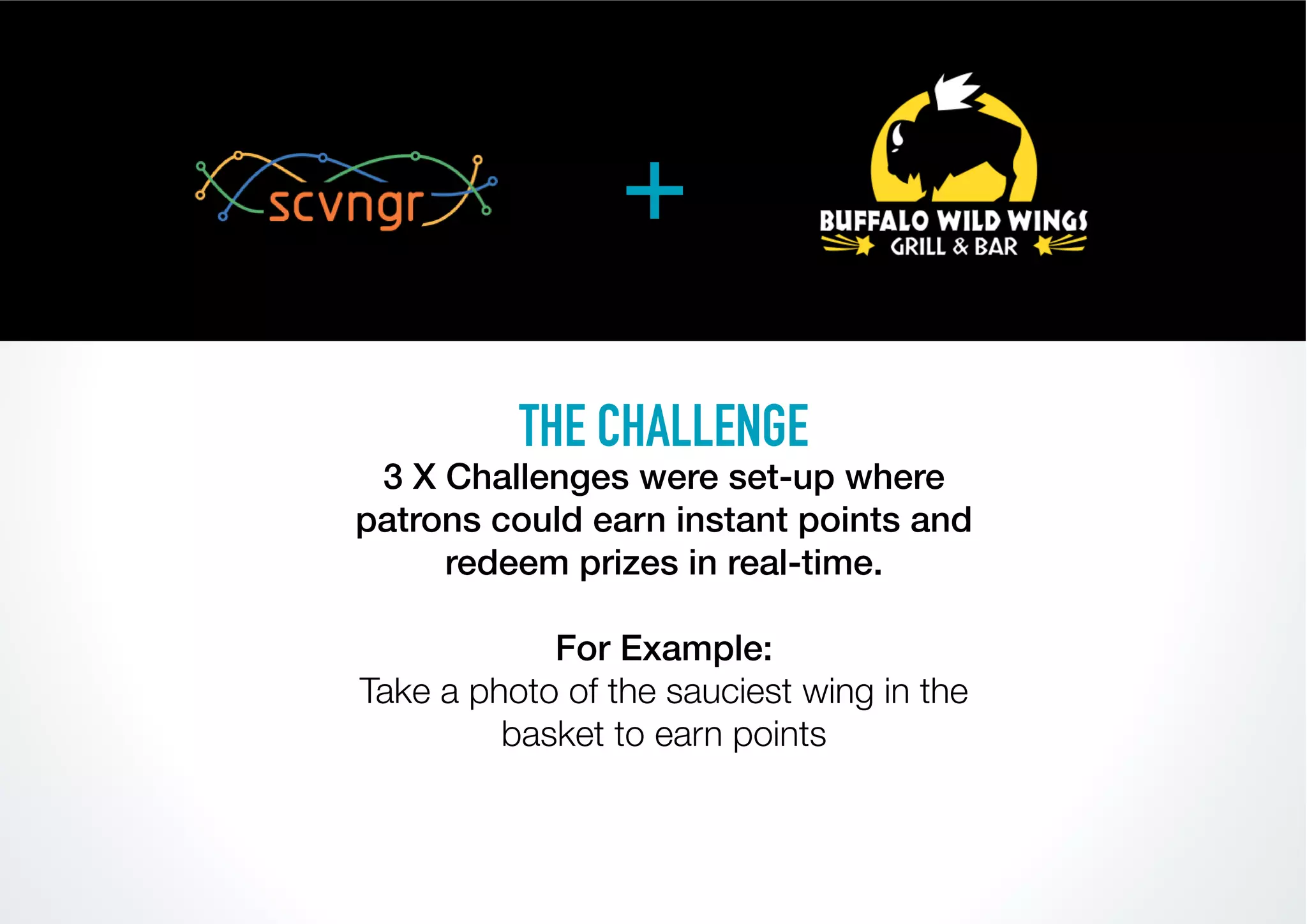 +

          THE CHALLENGE
 3 X Challenges were set-up where
patrons could earn instant points and
     redeem prizes in real-time.

            For Example:
Take a photo of the sauciest wing in the
         basket to earn points
 