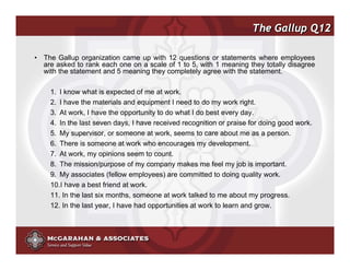 The Gallup Q12

• The Gallup organization came up with 12 questions or statements where employees
  are asked to rank each one on a scale of 1 to 5, with 1 meaning they totally disagree
  with the statement and 5 meaning they completely agree with the statement.

    1. I know what is expected of me at work.
    2. I have the materials and equipment I need to do my work right.
    3. At work, I have the opportunity to do what I do best every day.
    4. In the last seven days, I have received recognition or praise for doing good work.
    5. My supervisor, or someone at work, seems to care about me as a person.
    6. There is someone at work who encourages my development.
    7. At work, my opinions seem to count.
    8. The mission/purpose of my company makes me feel my job is important.
    9. My associates (fellow employees) are committed to doing quality work.
    10.I have a best friend at work.
    11. In the last six months, someone at work talked to me about my progress.
    12. In the last year, I have had opportunities at work to learn and grow.




                                                              ©2008 Copyright McGarahan & Associates. All rights reserved.
 