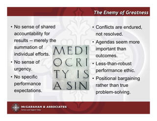 The Enemy of Greatness

• No sense of shared      • Conflicts are endured,
  accountability for        not resolved.
  results -- merely the   • Agendas seem more
  summation of              important than
  individual efforts.       outcomes.
• No sense of             • Less-than-robust
  urgency.                  performance ethic.
• No specific             • Positional bargaining
  performance               rather than true
  expectations.             problem-solving.


                               ©2008 Copyright McGarahan & Associates. All rights reserved.
 