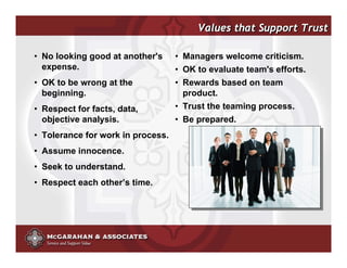 Values that Support Trust

• No looking good at another's     • Managers welcome criticism.
  expense.                         • OK to evaluate team's efforts.
• OK to be wrong at the            • Rewards based on team
  beginning.                         product.
• Respect for facts, data,         • Trust the teaming process.
  objective analysis.              • Be prepared.
• Tolerance for work in process.
• Assume innocence.
• Seek to understand.
• Respect each other’s time.




                                                ©2008 Copyright McGarahan & Associates. All rights reserved.
 