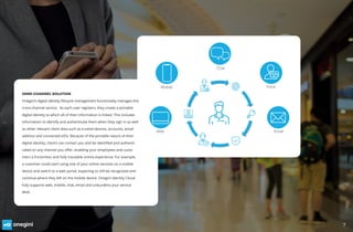 7
OMNI-CHANNEL SOLUTION
Onegini’s digital identity lifecycle management functionality manages this
cross-channel service. As each user registers, they create a portable
digital identity to which all of their information is linked. This includes
information to identify and authenticate them when they sign in as well
as other relevant client data such as trusted devices, accounts, email
address and connected eIDs. Because of the portable nature of their
digital identity, clients can contact you and be identified and authenti-
cated on any channel you offer, enabling your employees and custo-
mers a frictionless and fully traceable online experience. For example,
a customer could start using one of your online services on a mobile
device and switch to a web portal, expecting to still be recognised and
continue where they left on the mobile device. Onegini Identity Cloud
fully supports web, mobile, chat, email and unburdens your service
desk.
Mobile
Chat
Voice
Email
Web
 