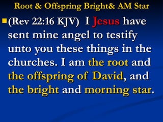 Root & Offspring Bright& AM Star (Rev 22:16 KJV)  I  Jesus  have sent mine angel to testify unto you these things in the churches. I am  the   root  and  the offspring   of David , and  the   bright  and  morning star . 