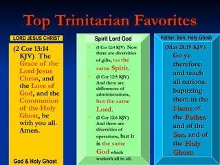 Top Trinitarian Favorites (2 Cor 13:14 KJV)  The  Grace of the Lord Jesus Christ , and the  Love of God , and the  Communion of the Holy Ghost , be with you all. Amen. (1 Cor 12:4 KJV)   Now there are diversities of gifts,  but  the same  Spirit . (1 Cor 12:5 KJV)  And there are differences of administrations,  but the same  Lord. (1 Cor 12:6 KJV)  And there are diversities of operations,  but it is  the same  God  which worketh all in all. (Mat 28:19 KJV)   Go ye therefore, and teach all nations, baptizing them in the  Name  of the  Father , and of the  Son , and of the  Holy Ghost: LORD JESUS CHRIST God & Holy Ghost Spirit Lord God Father, Son, Holy Ghost 