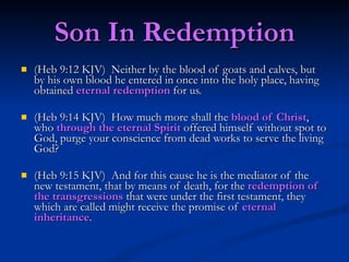 Son In Redemption (Heb 9:12 KJV)  Neither by the blood of goats and calves, but by his own blood he entered in once into the holy place, having obtained  eternal redemption  for us. (Heb 9:14 KJV)  How much more shall the  blood of Christ , who  through the eternal Spirit  offered himself without spot to God, purge your conscience from dead works to serve the living God? (Heb 9:15 KJV)  And for this cause he is the mediator of the new testament, that by means of death, for the  redemption of the transgressions  that were under the first testament, they which are called might receive the promise of  eternal inheritance . 