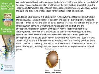 We had a special treat in the cooking studio when Evelyn Margolin, an Institute of
Culinary Education trained chef and Culinary Demonstration Specialist from the
Ridgewood, NJ Whole Foods Market demonstrated how to use a variety of whole
grains in the diet. She shared ideas for breakfast, lunch and dinner.
Wondering what exactly is a whole grain? And what's all this fuss about whole
grains anyway? A grain kernel is basically the seed of a grain plant. All grains
consist of three parts: the bran or outer coating which contains fiber, the germ or
embryo which contains B vitamins, minerals, protein and fat and the
endosperm, the largest portion of the grain kernel that contains mostly
carbohydrates. In order for a product to be considered whole grain, it must
contain the same amount and all of same proportions of bran, germ and
endosperm of the natural grain kernel as when it was harvested. Even if it was
processed, it would still be considered whole grain if the missing portions were
added back in. Processing removes most of the fiber-rich bran and protein-rich
germ. Simply put, whole grains are more nutritious than processed or refined
grains.
 